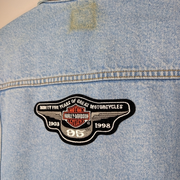 Vintage Linson Harley Davidson Patched Cropped Denim Jacket Women's Large *Stain - Picture 6 of 13